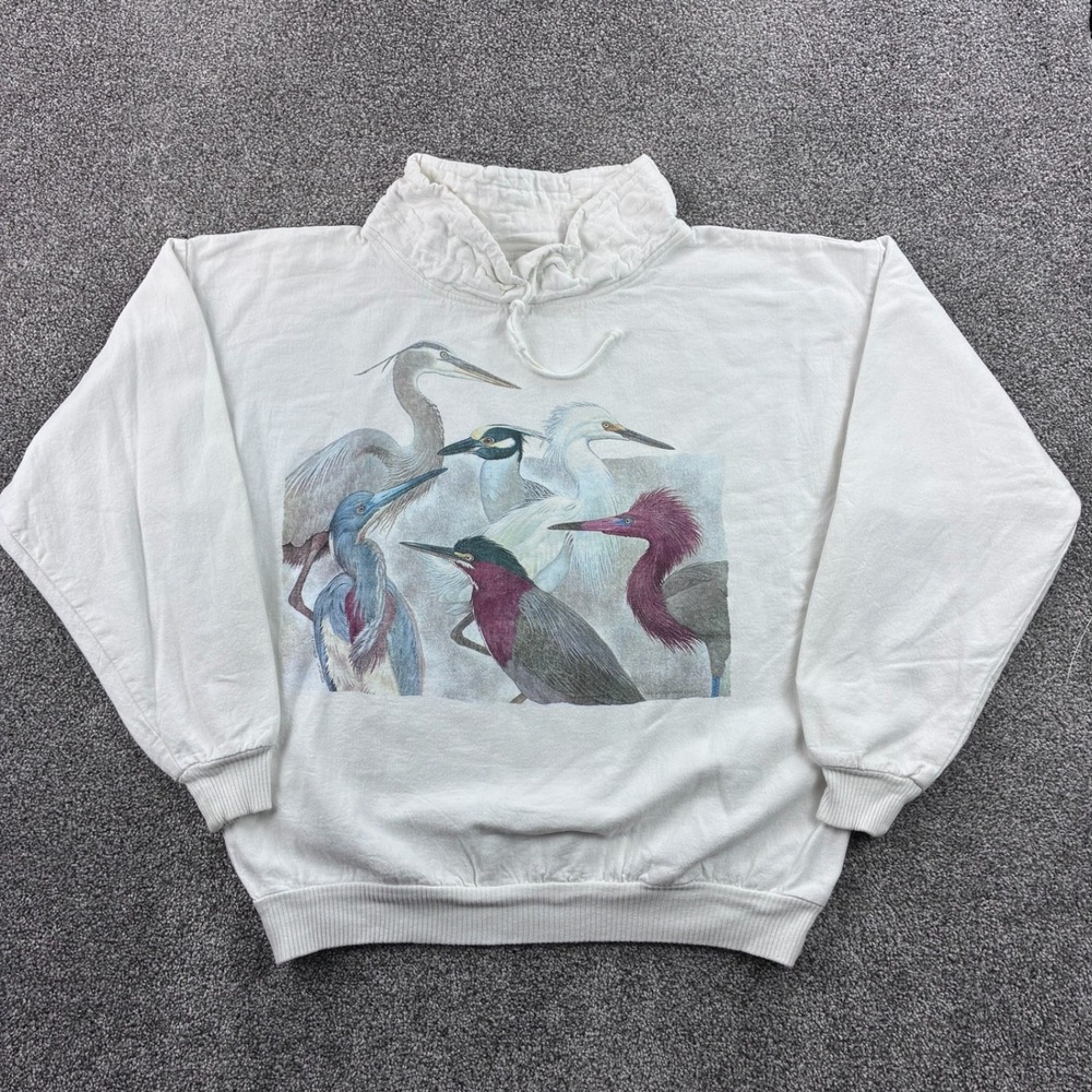 Vintage Wek The World Sweatshirt Mens 2 White Bird Heron Egret Nature Mock Neck